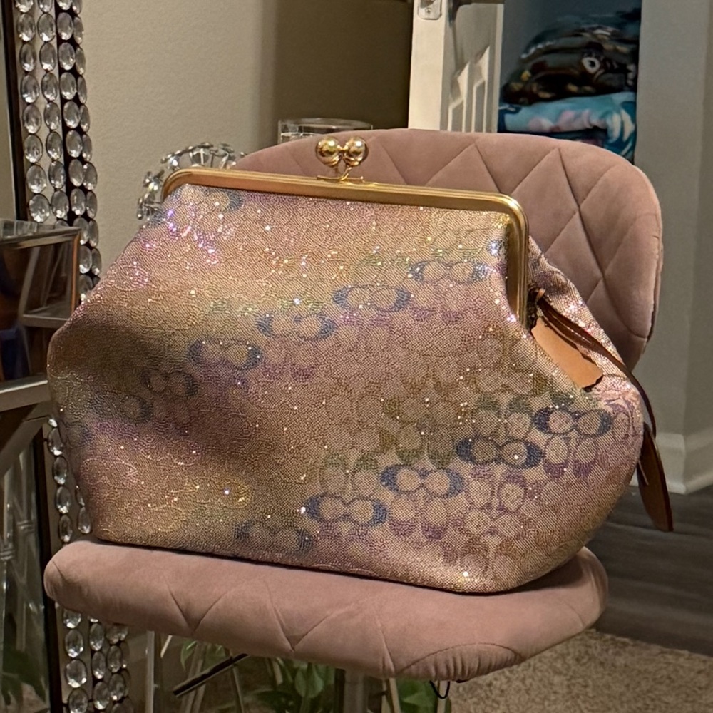 Coach Pink Glitter Monogram Frame-Top Clutch with Gold Hardware